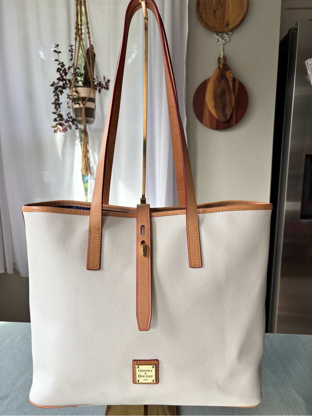 Dooney & Bourke Large White Cream Pebbled Tote with Tan Vacchetta Leather Trim
